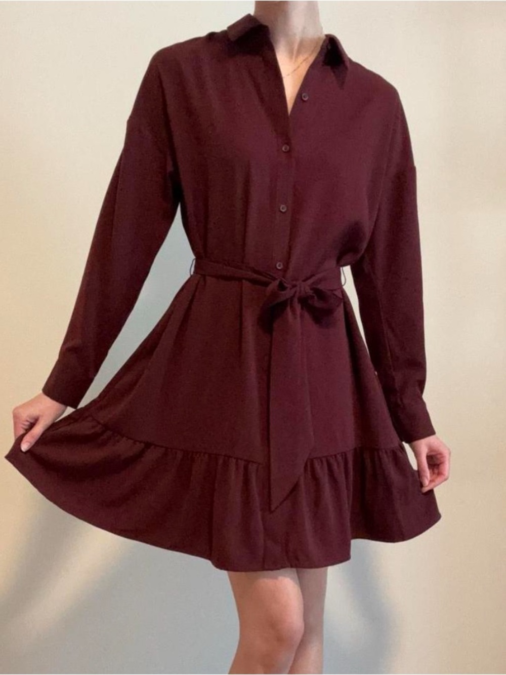 Nine West SMALL Black Button-Front Tie-Waist Ruffle Tiered Shirt Dress